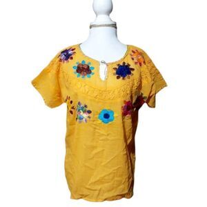 Mexican Hand Embroidered Women's Blouse Peasant Top Yellow Etnic Cap Sleeves M/L